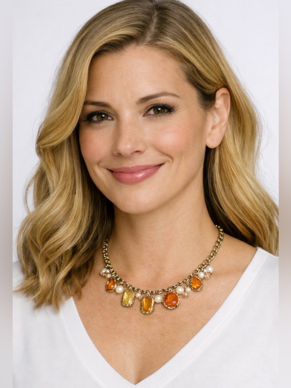 White House Black Market Gold Orange Amber Statement Necklace Pearl